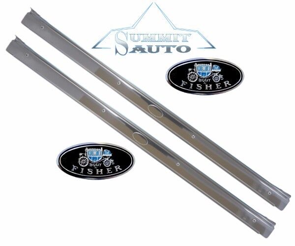 64 65 66 67 Chevelle El Camino GTO STAINLESS Sill Scuff Plates Fisher Decal Pair