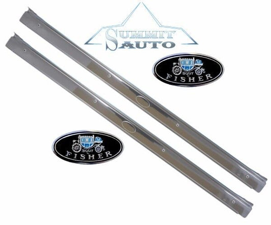64 65 66 67 Chevelle El Camino GTO STAINLESS Sill Scuff Plates Fisher Decal Pair