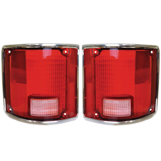 1973~1987 Chevy Truck Taillight Lens w/ Chrome Bezel Trim Red Lens Pair RH+LH